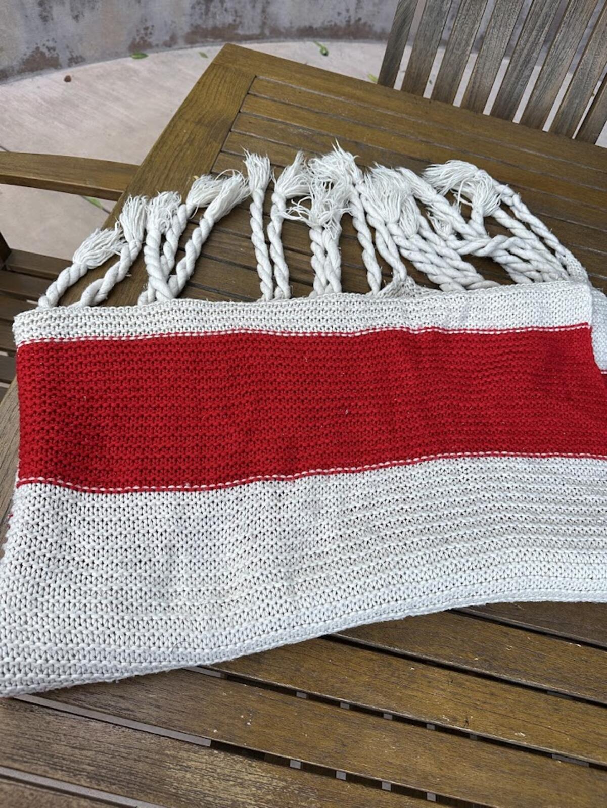 Vintage Crochet Throw Blanket Red White Fringe