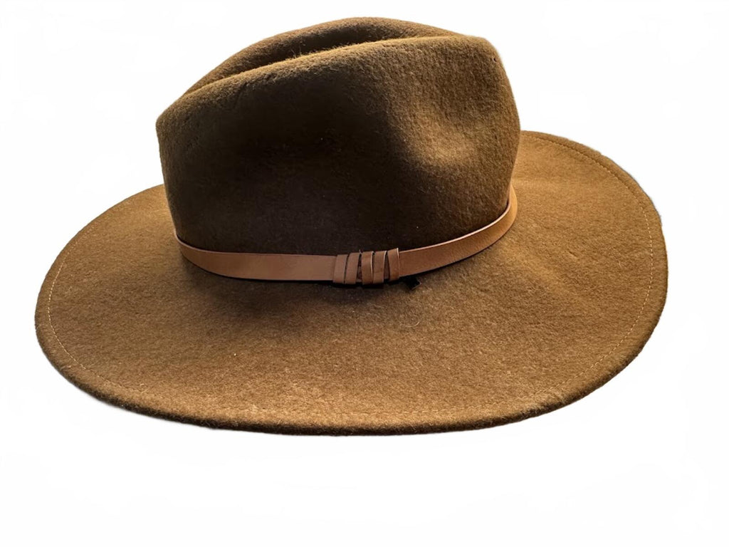 Brown Wool Felt Wide Brim Western Hat Pleather Band
