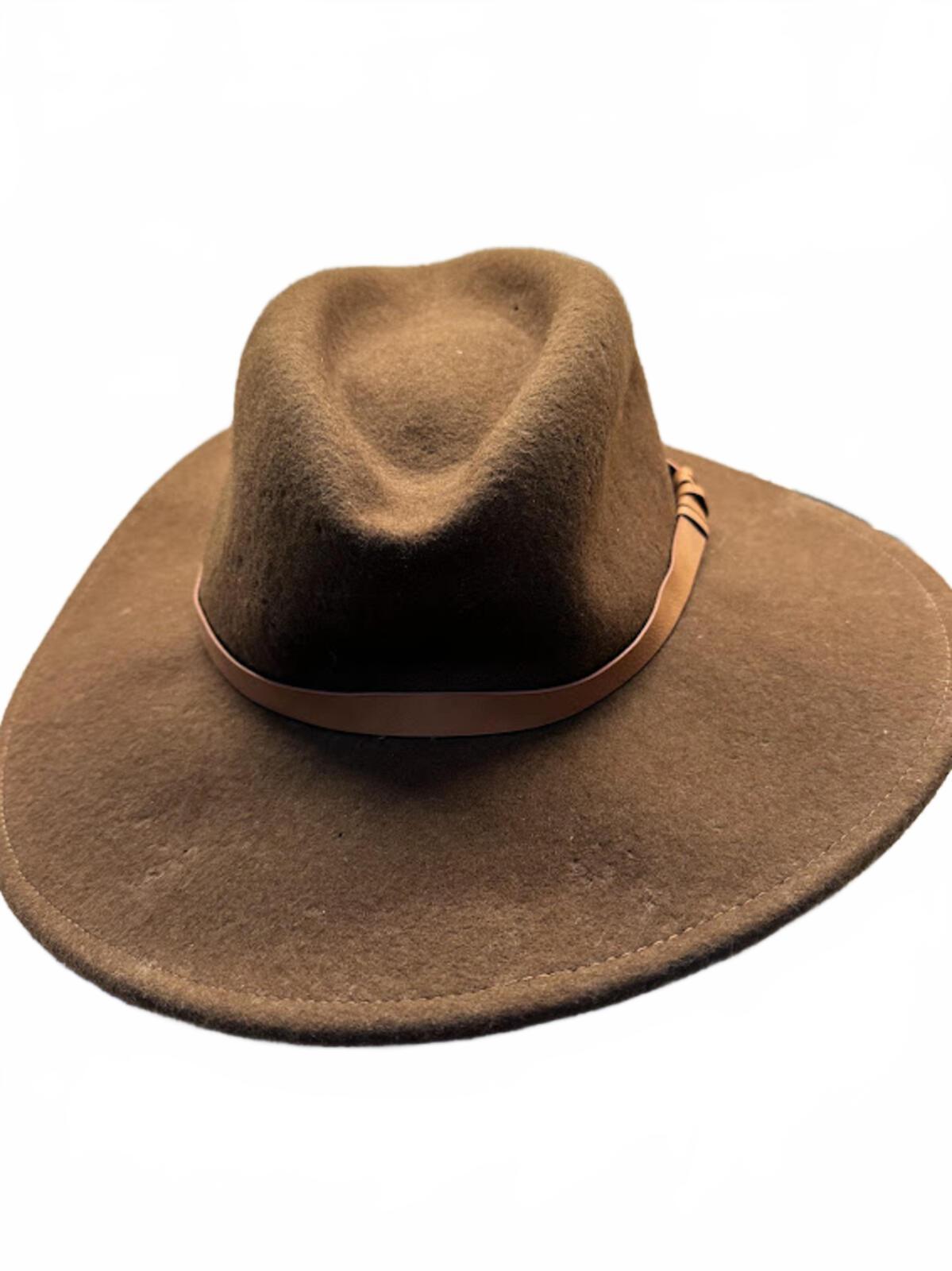 Brown Wool Felt Wide Brim Western Hat Pleather Band
