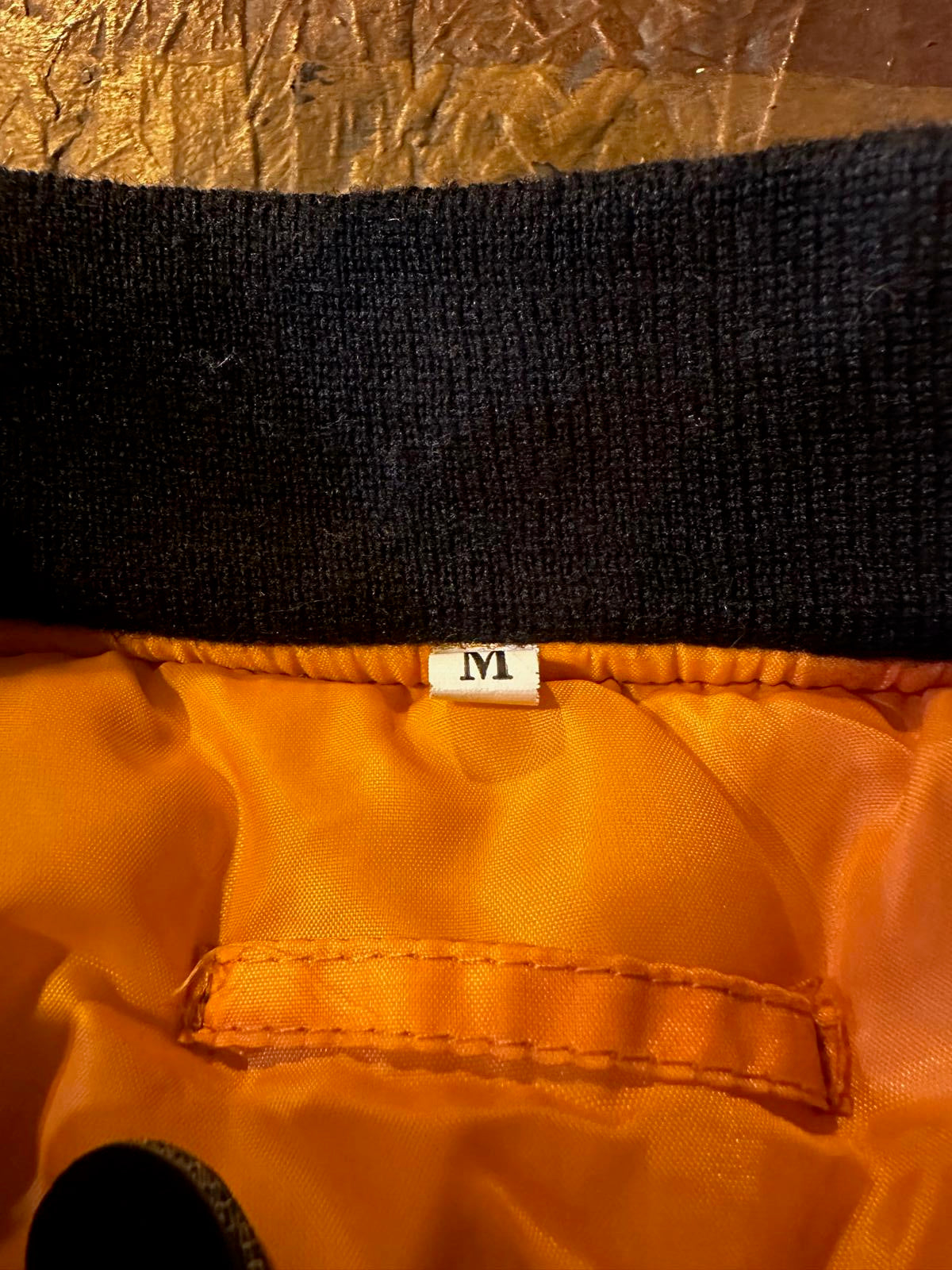 Black Bomber Jacket M Gold Zipper Orange Lining MA-1 Style