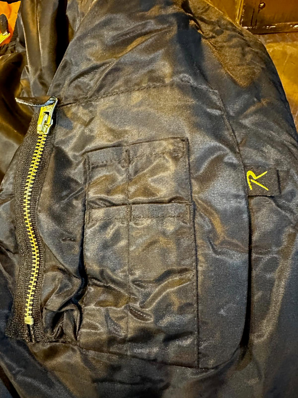 Black Bomber Jacket M Gold Zipper Orange Lining MA-1 Style