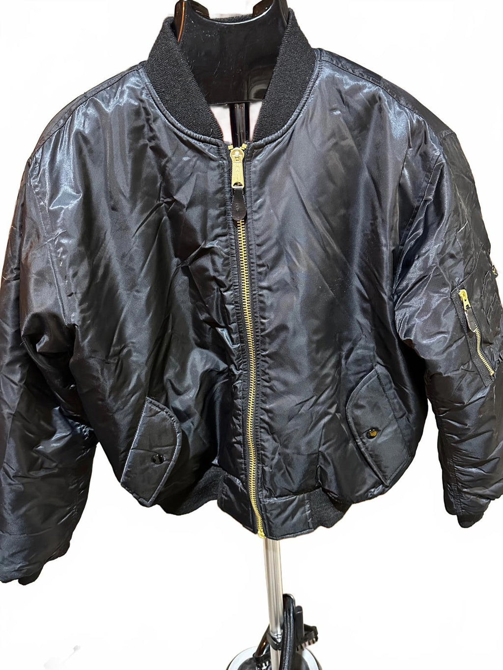 Black Bomber Jacket M Gold Zipper Orange Lining MA-1 Style