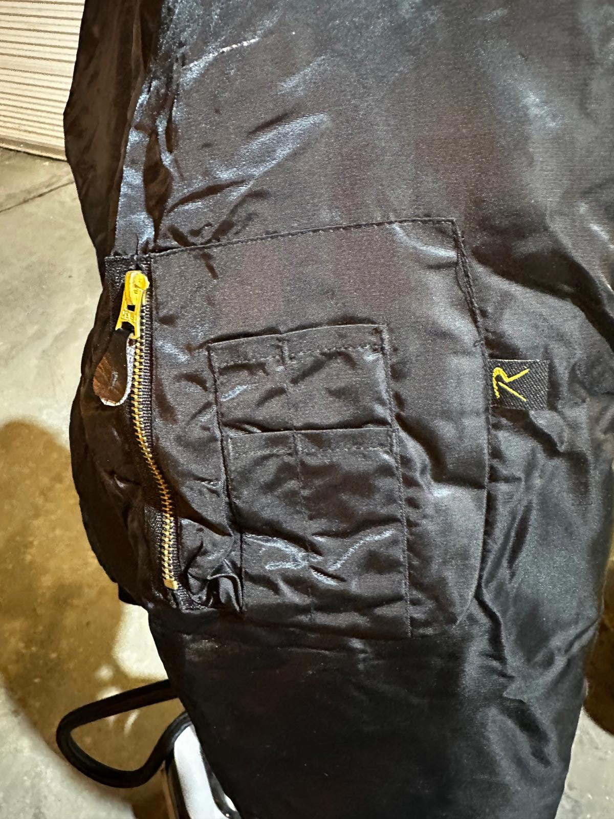 Black Bomber Jacket M Gold Zipper Orange Lining MA-1 Style