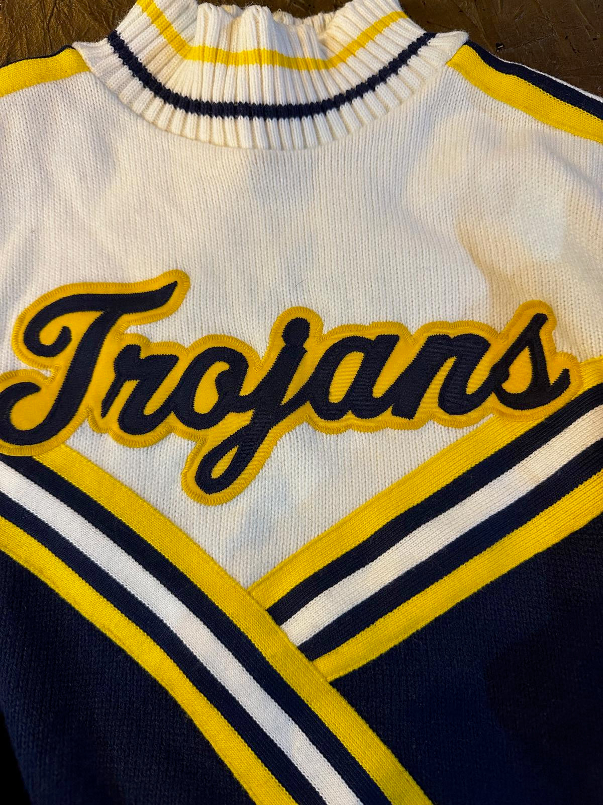 Vintage Trojans Cheer Sweater Navy Gold White 80s