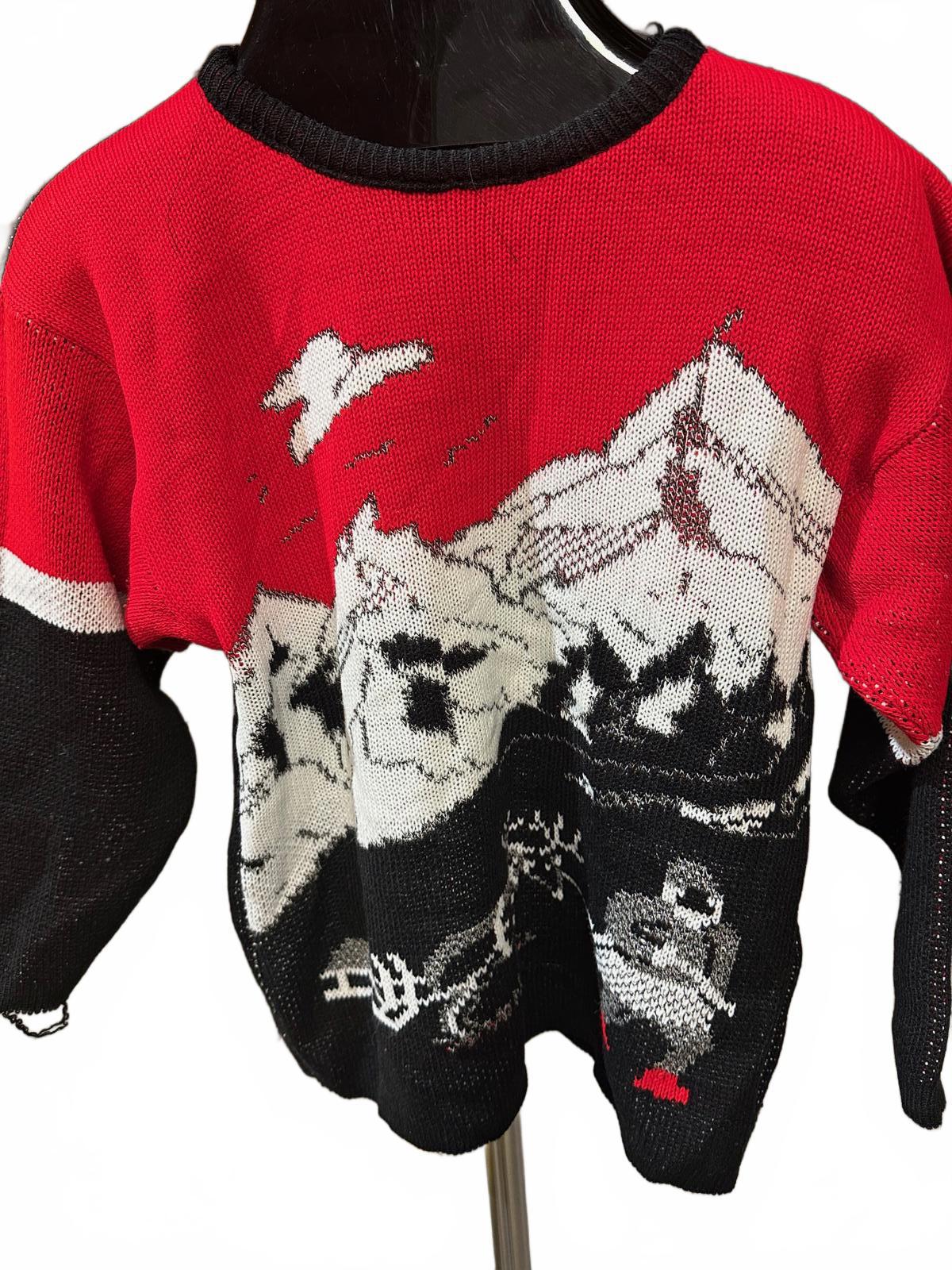 Vintage 80s Ski Intarsia Graphic Sweater Black Red Small