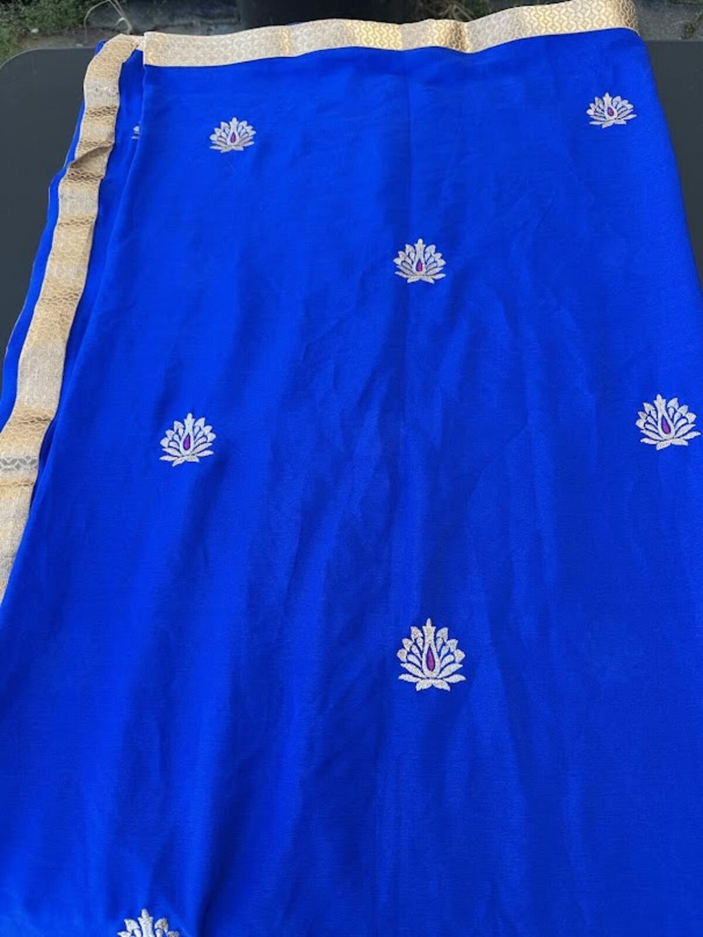 Blue Silk Sari Gold Border 96x88