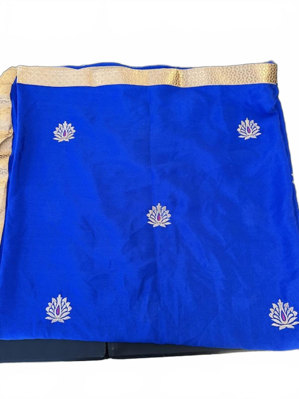Blue Silk Sari Gold Border 96x88