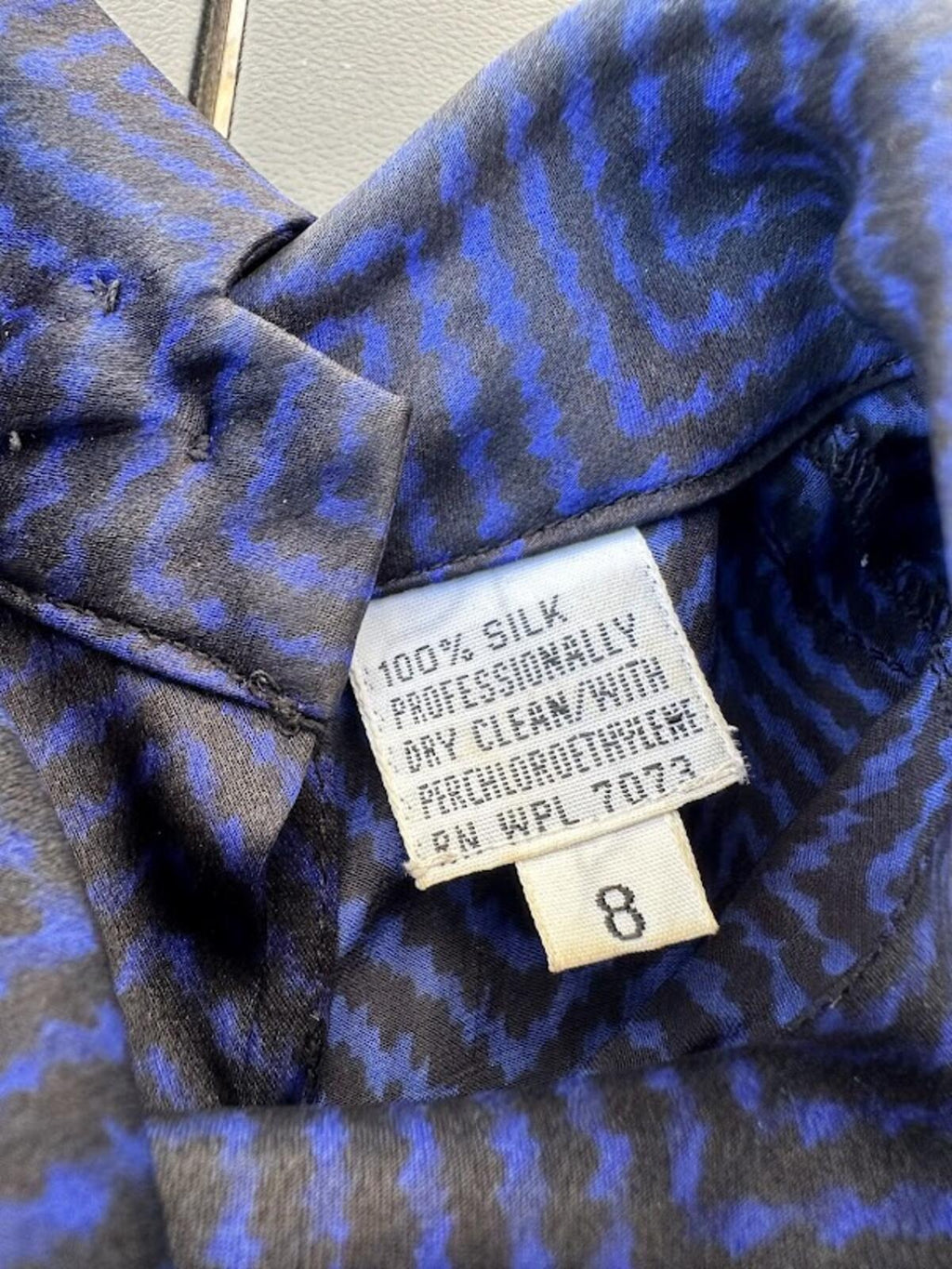 Vintage Silk Blouse Blue Black Button Back Sz 8