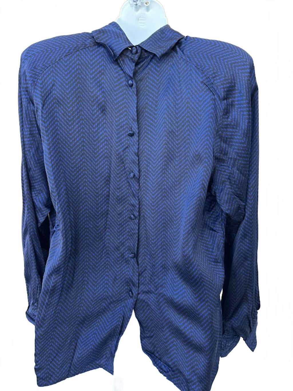 Vintage Silk Blouse Blue Black Button Back Sz 8