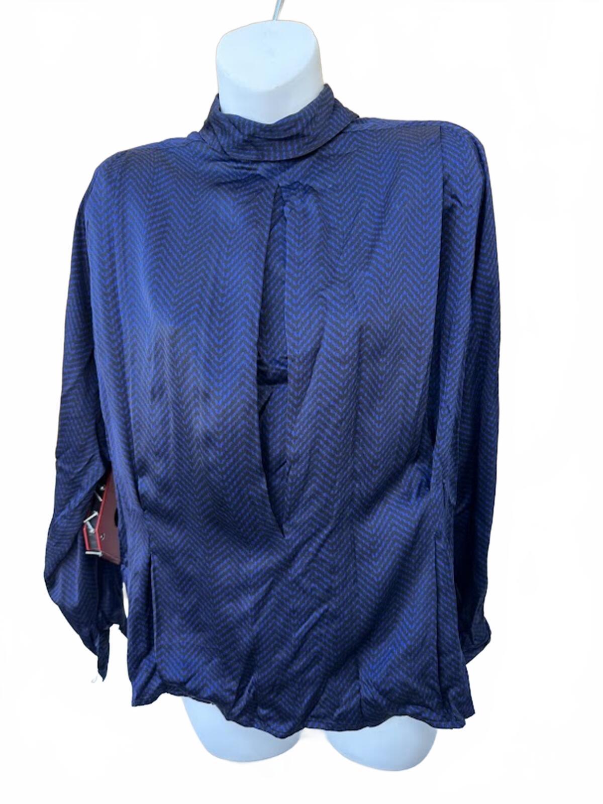 Vintage Silk Blouse Blue Black Button Back Sz 8
