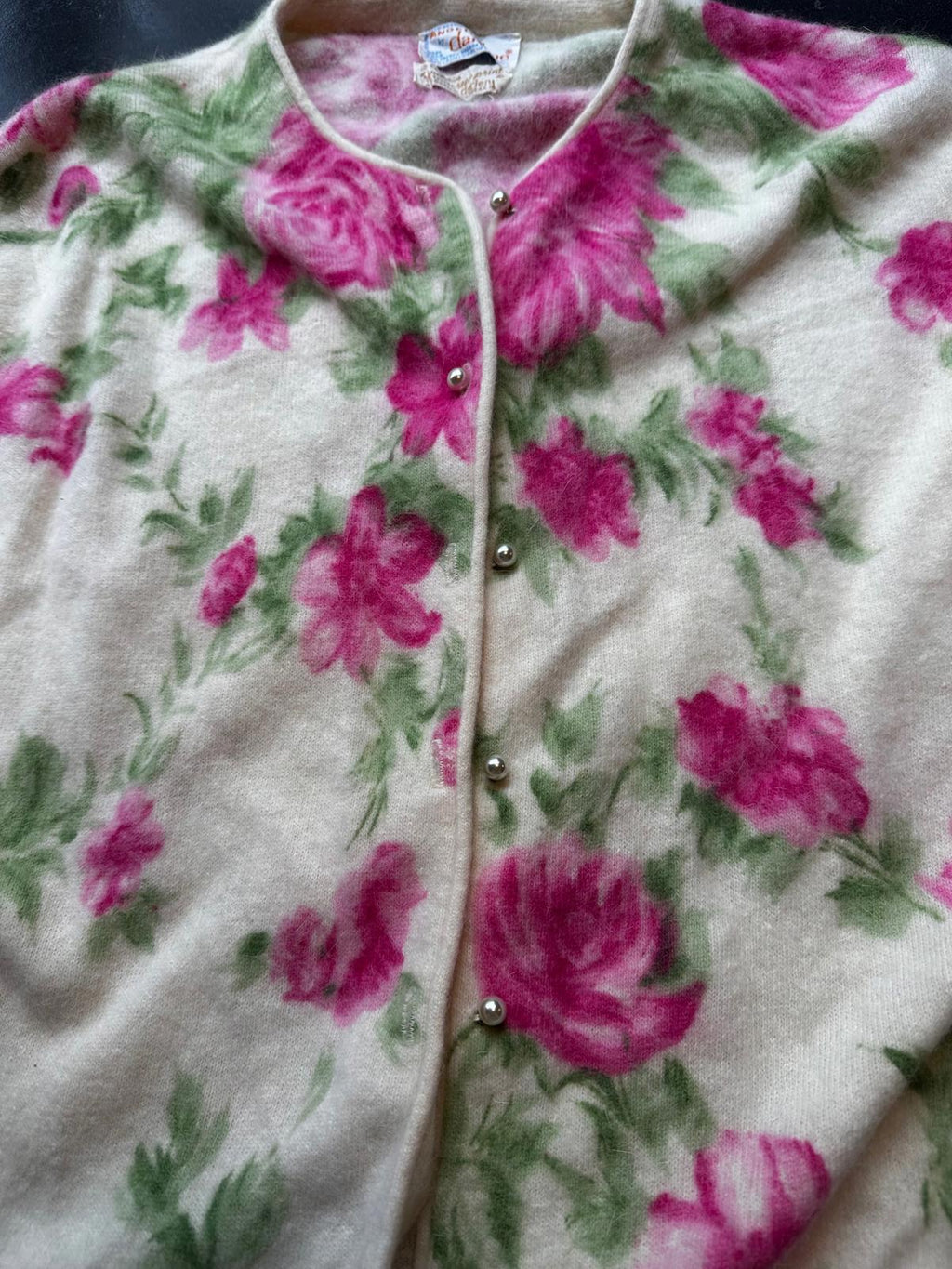Vintage Darlene Angora Floral Cardigan Pearl Buttons