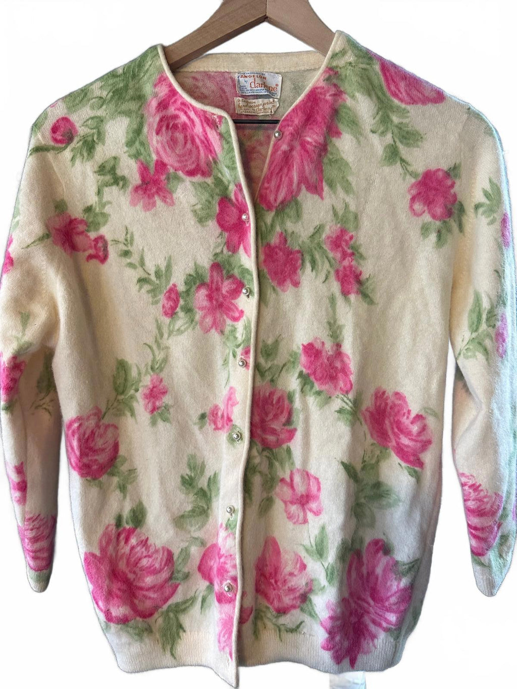 Vintage Darlene Angora Floral Cardigan Pearl Buttons