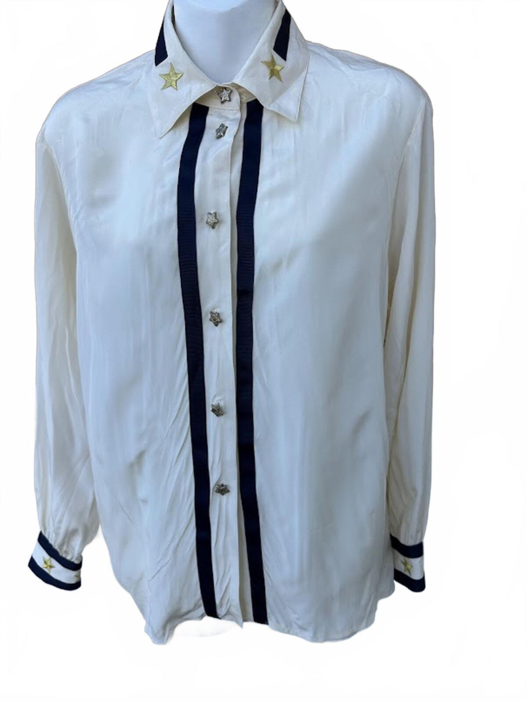 ISHYU Silk Blouse Stars Stripe Trim Size 4