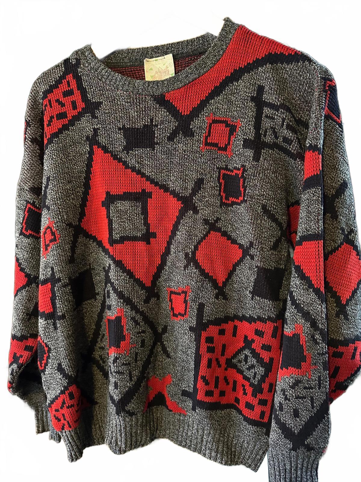 Vintage Aitch UK Geo Knit Sweater Red Grey L
