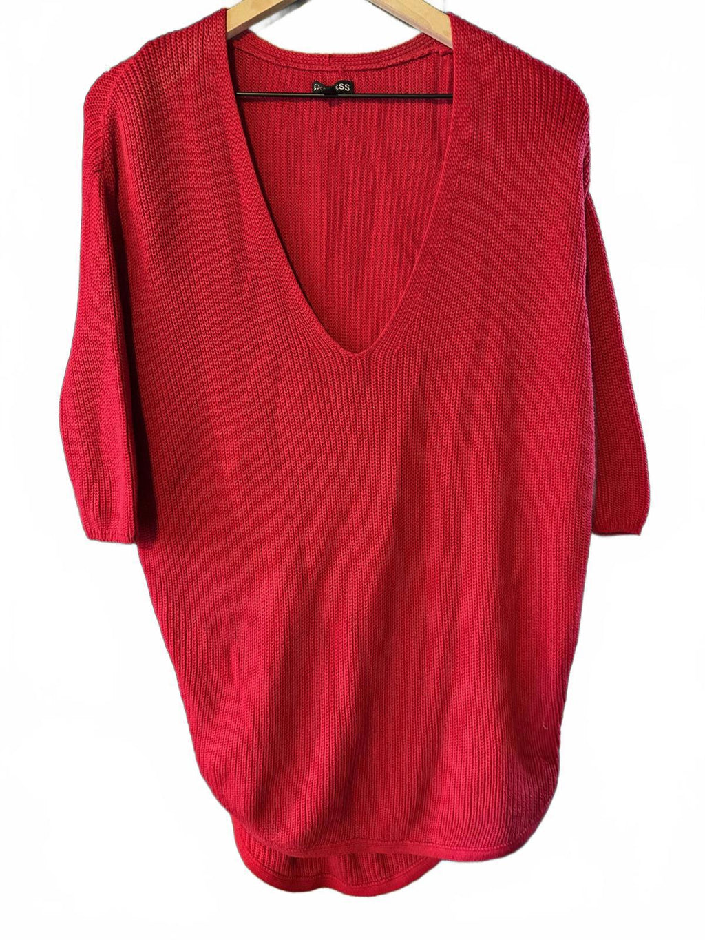 Express Red Cotton V-Neck Knit Sweater Sz S
