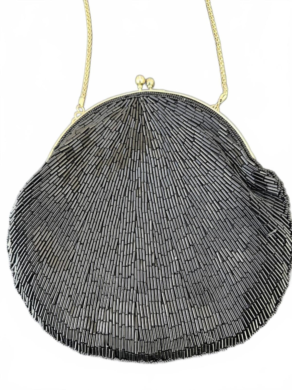 Vintage Black Beaded Evening Clutch Gold Chain