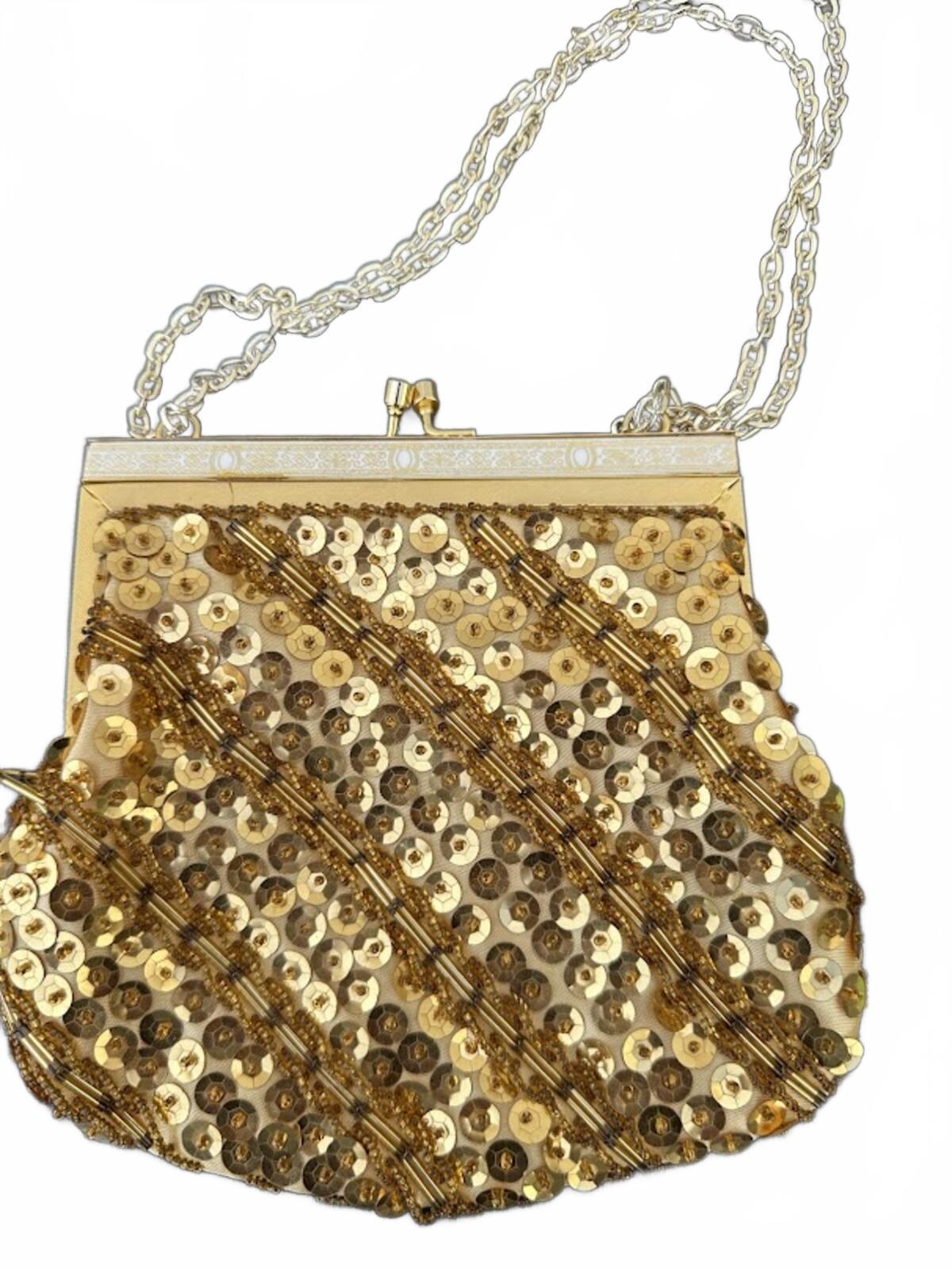 Vintage Gold Sequin Evening Clutch Chain Strap