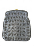 Vintage Black Beaded Satin Clutch Leaf Pattern