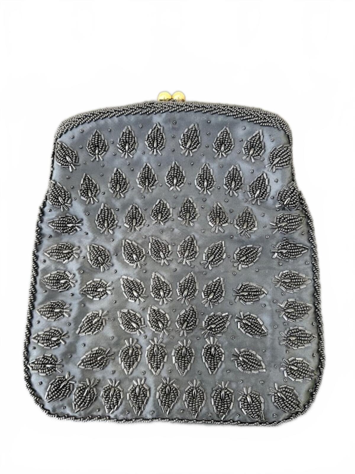 Vintage Black Beaded Satin Clutch Leaf Pattern