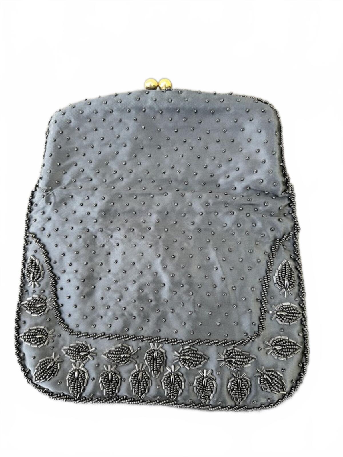 Vintage Black Beaded Satin Clutch Leaf Pattern