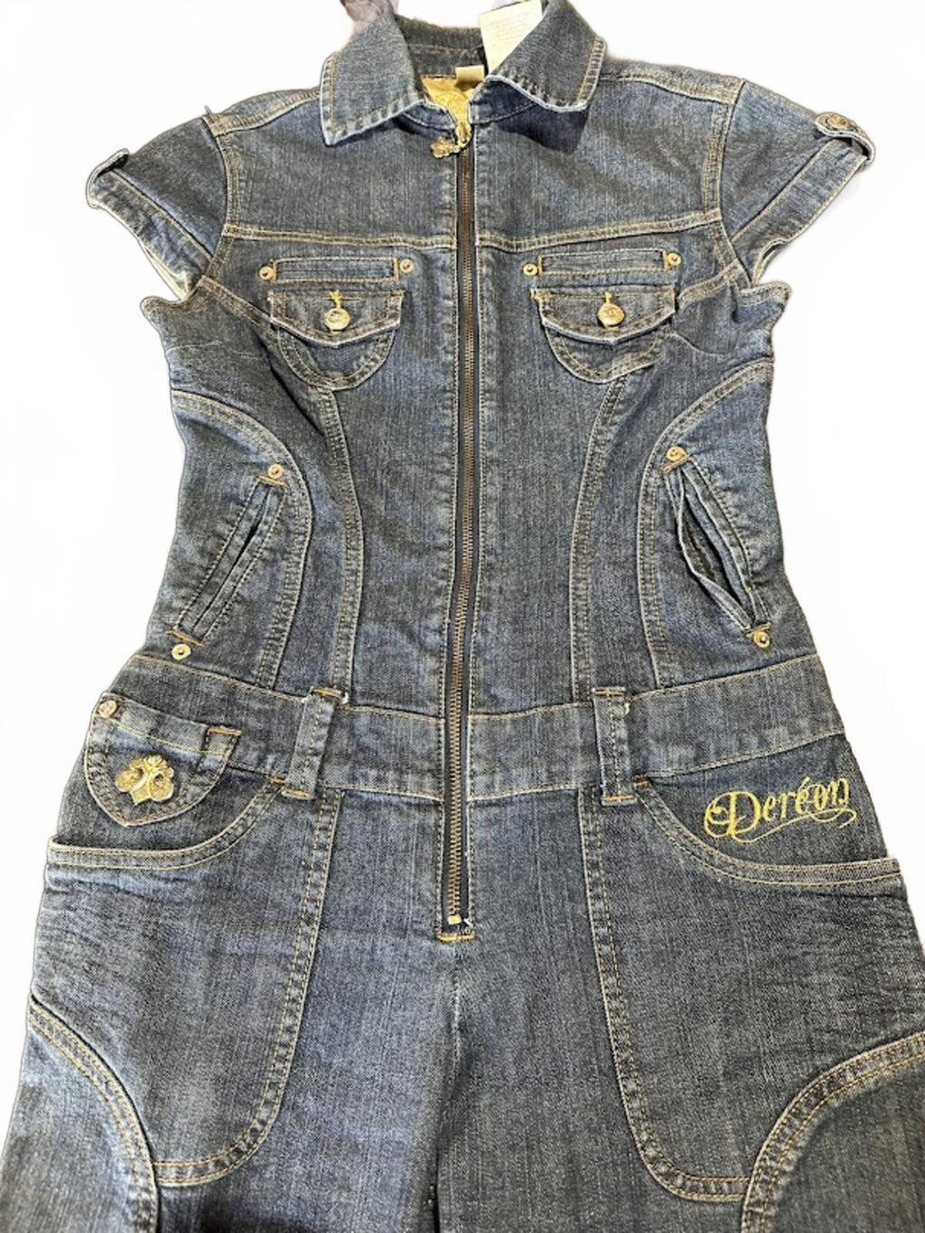 Dentan Denim Jumpsuit Shorts Romper Y2K Zip Front