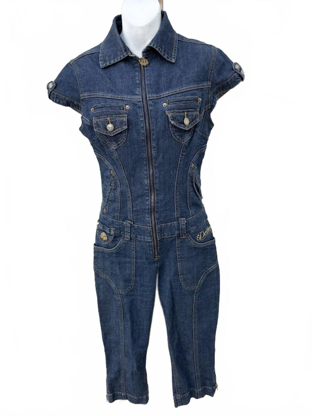Dentan Denim Jumpsuit Shorts Romper Y2K Zip Front