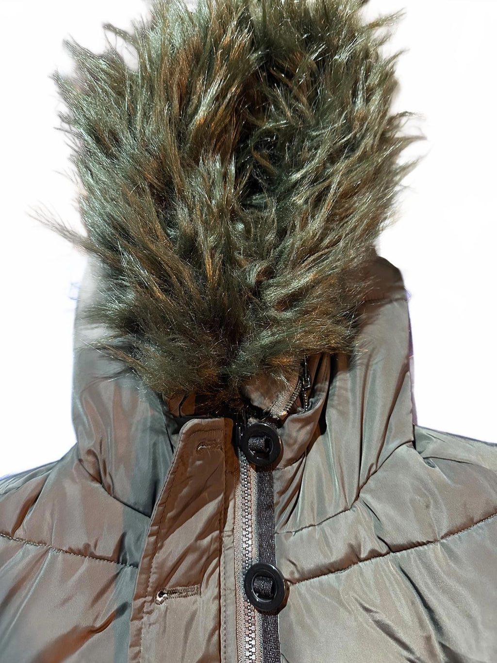 Diesel Women’s Puffer Coat Faux Fur Hood Olive Size 14