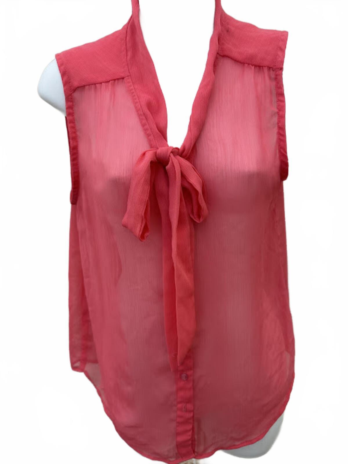Guess Sheer Pink Tie Neck Blouse USA M