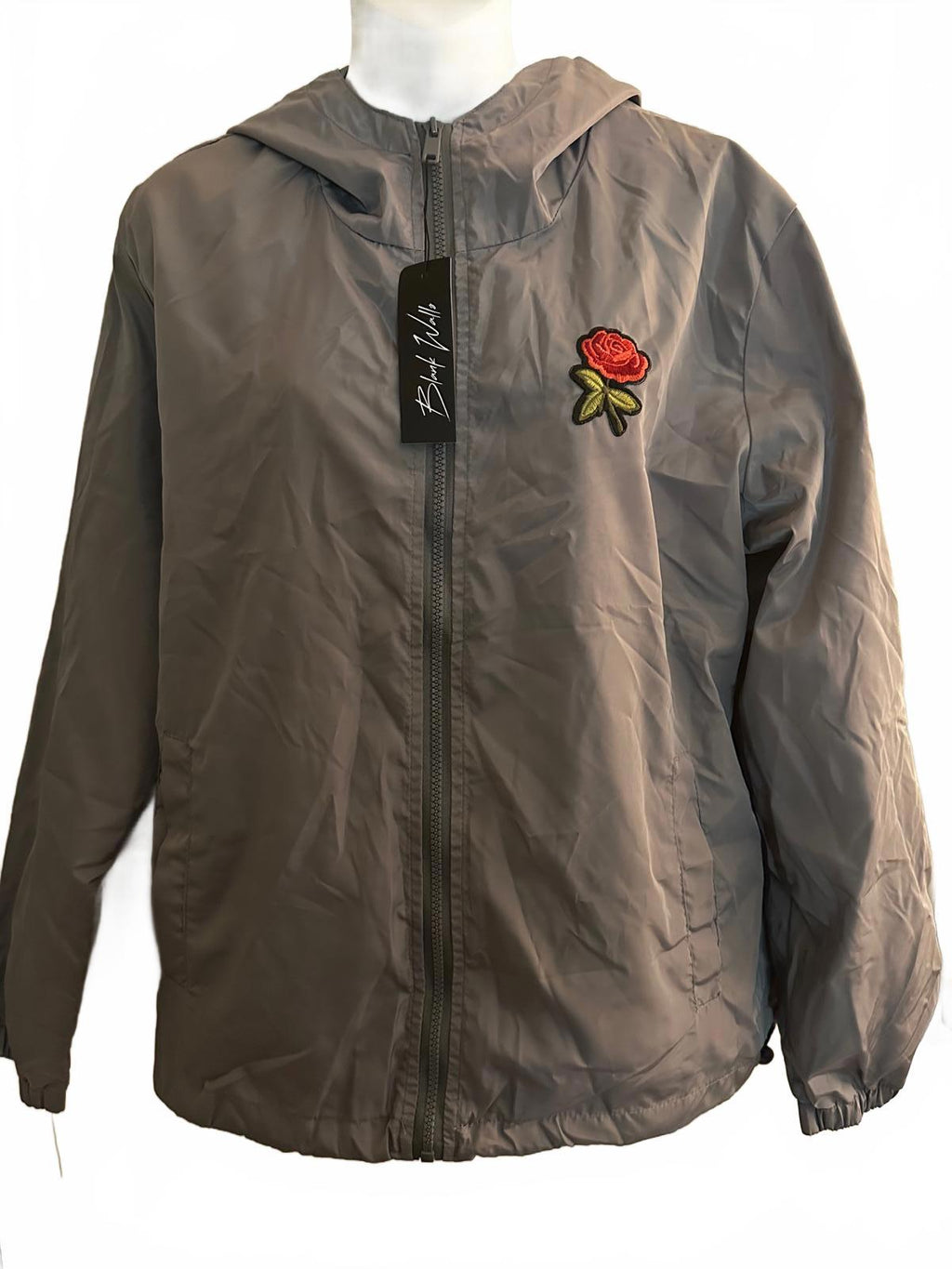 Blank Walls Rose Patch Gray Windbreaker Jacket M