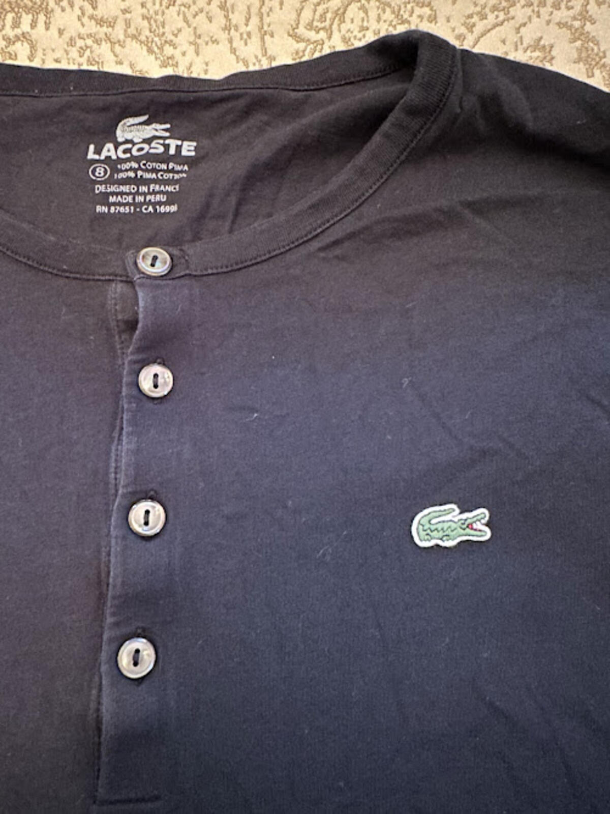 Lacoste Black Henley Tee Pima Cotton Size 8