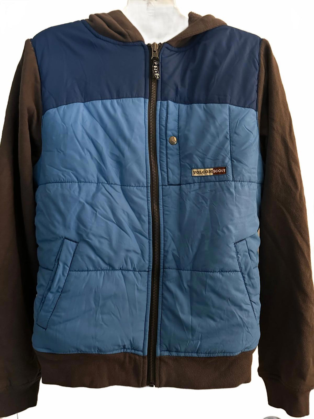 Volcom Quilted Jacket Hoodie Blue Brown Small Y2K