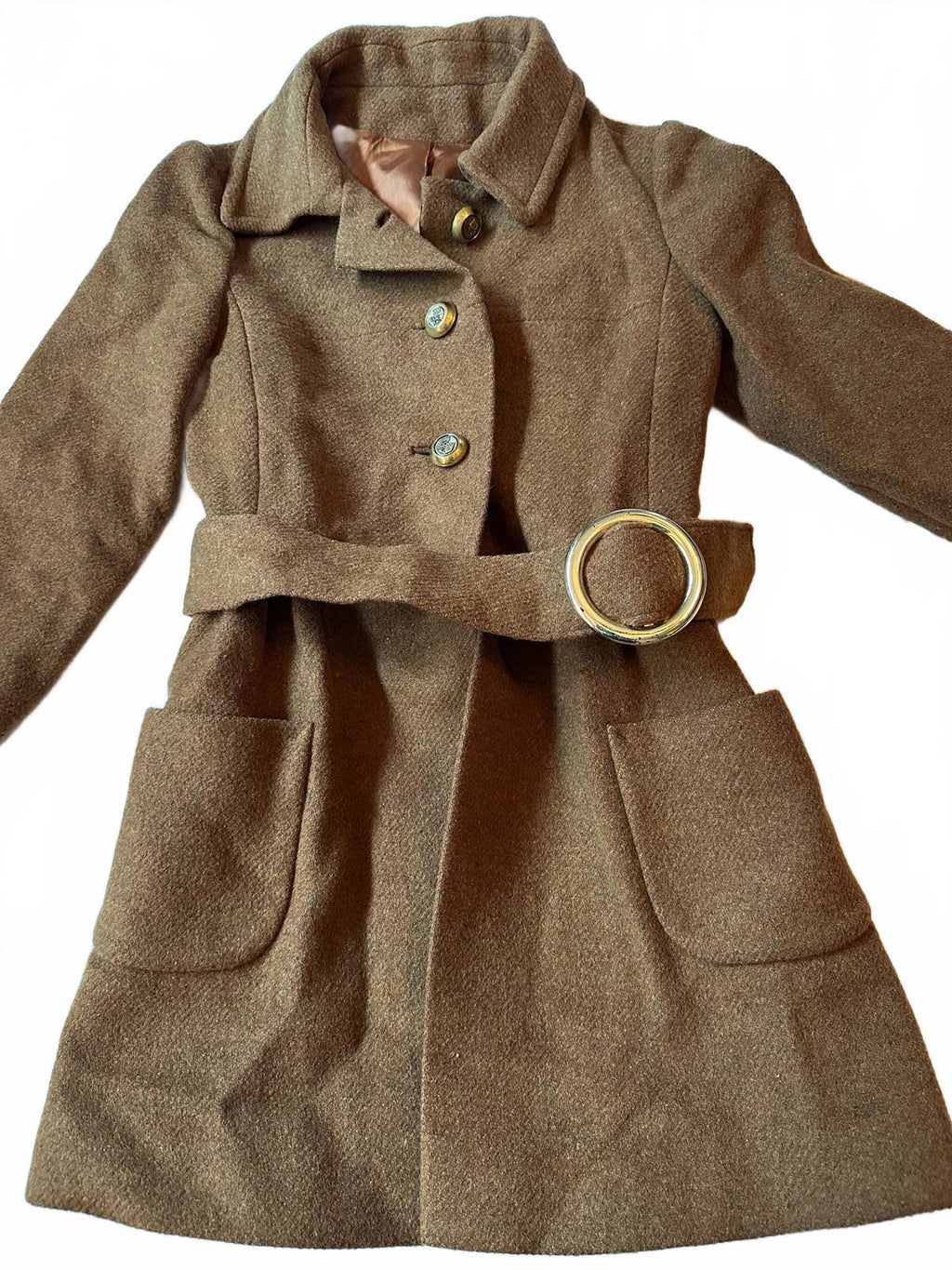 Vintage 70s Camel Wool Belted Coat Ring Buckle