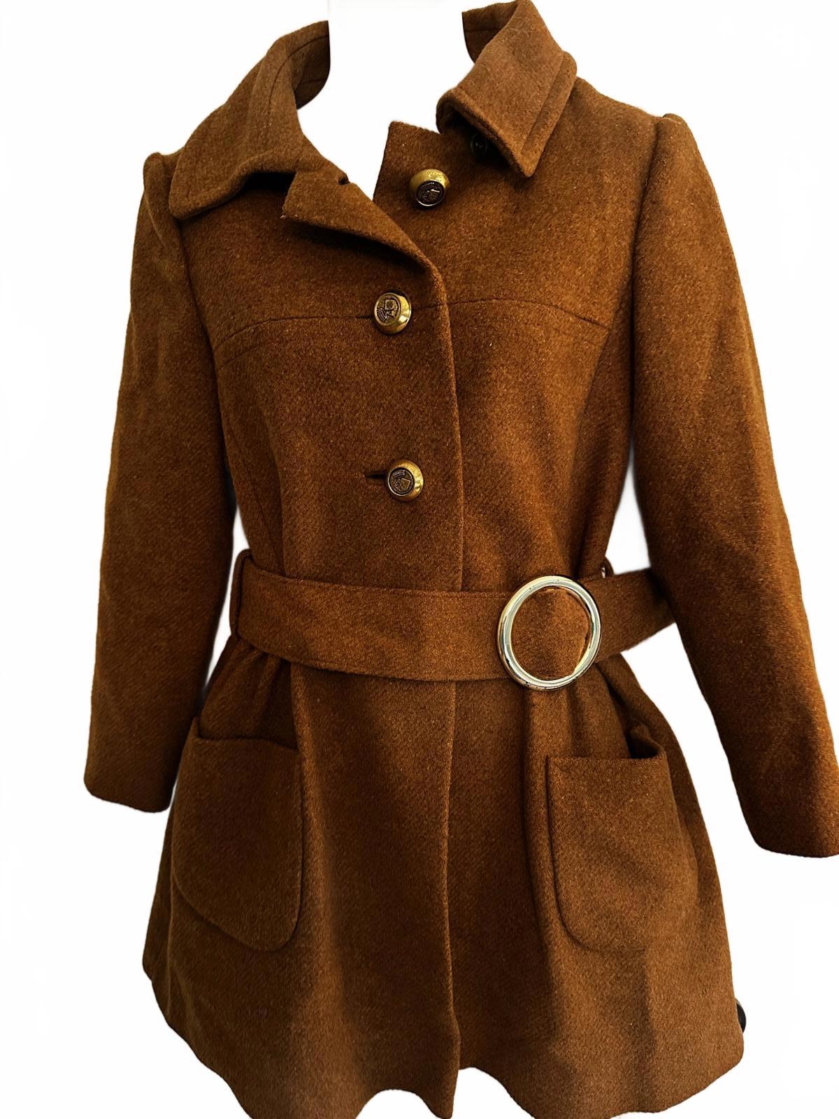 Vintage 70s Camel Wool Belted Coat Ring Buckle