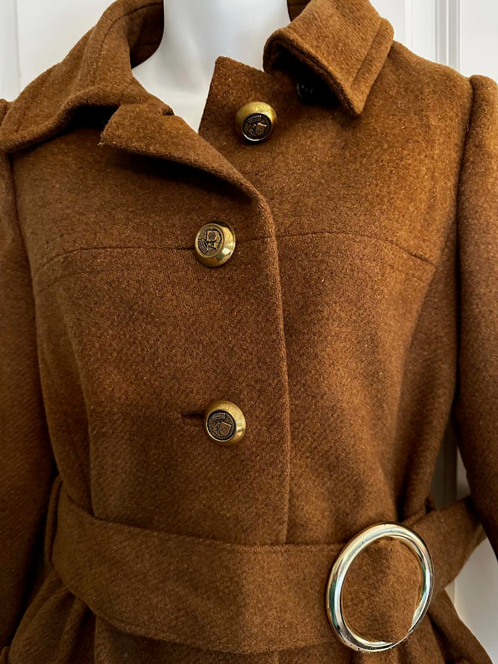 Vintage 70s Camel Wool Belted Coat Ring Buckle