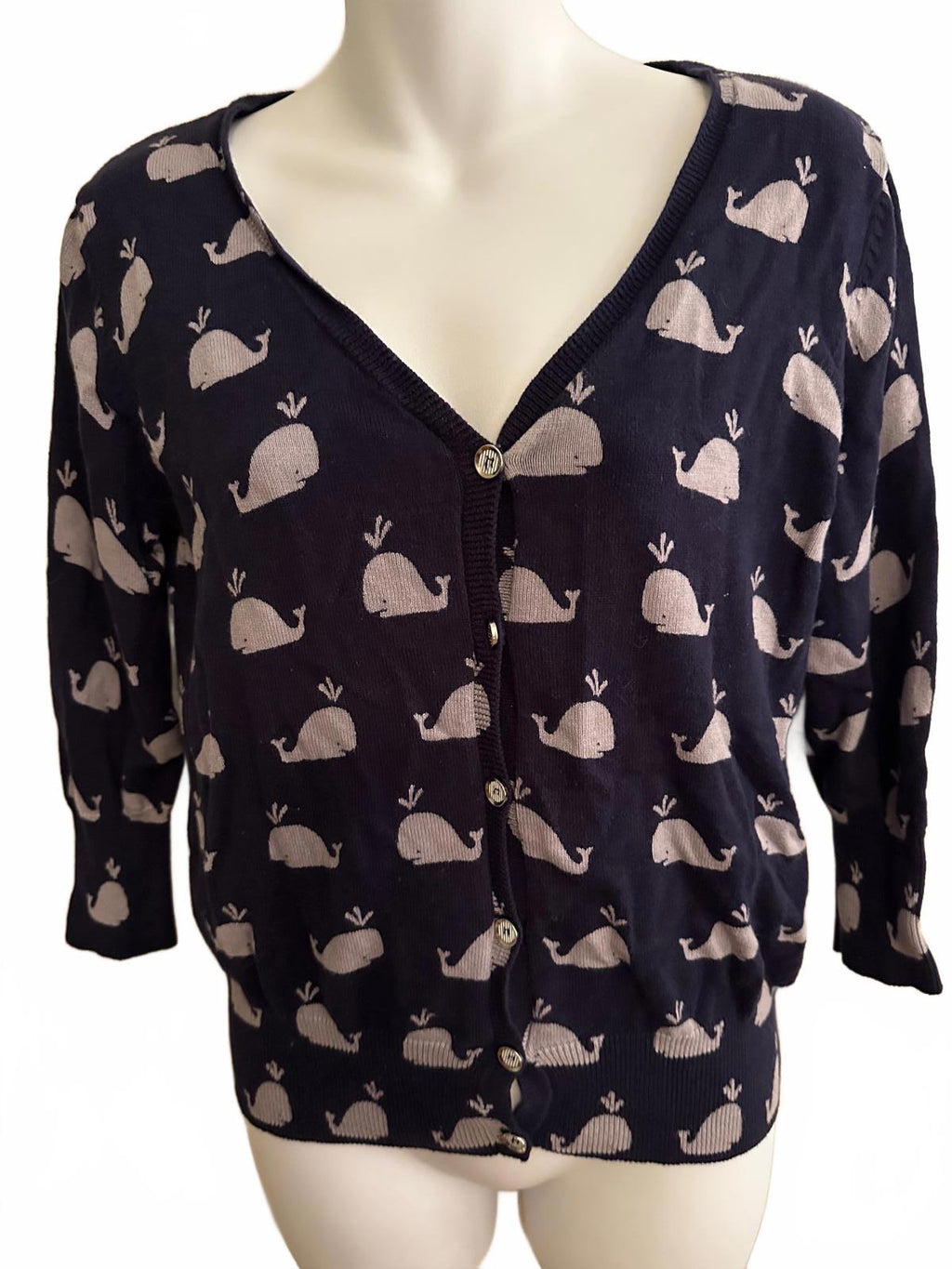Yumi Whale Print Cardigan Navy Cotton Women’s Small