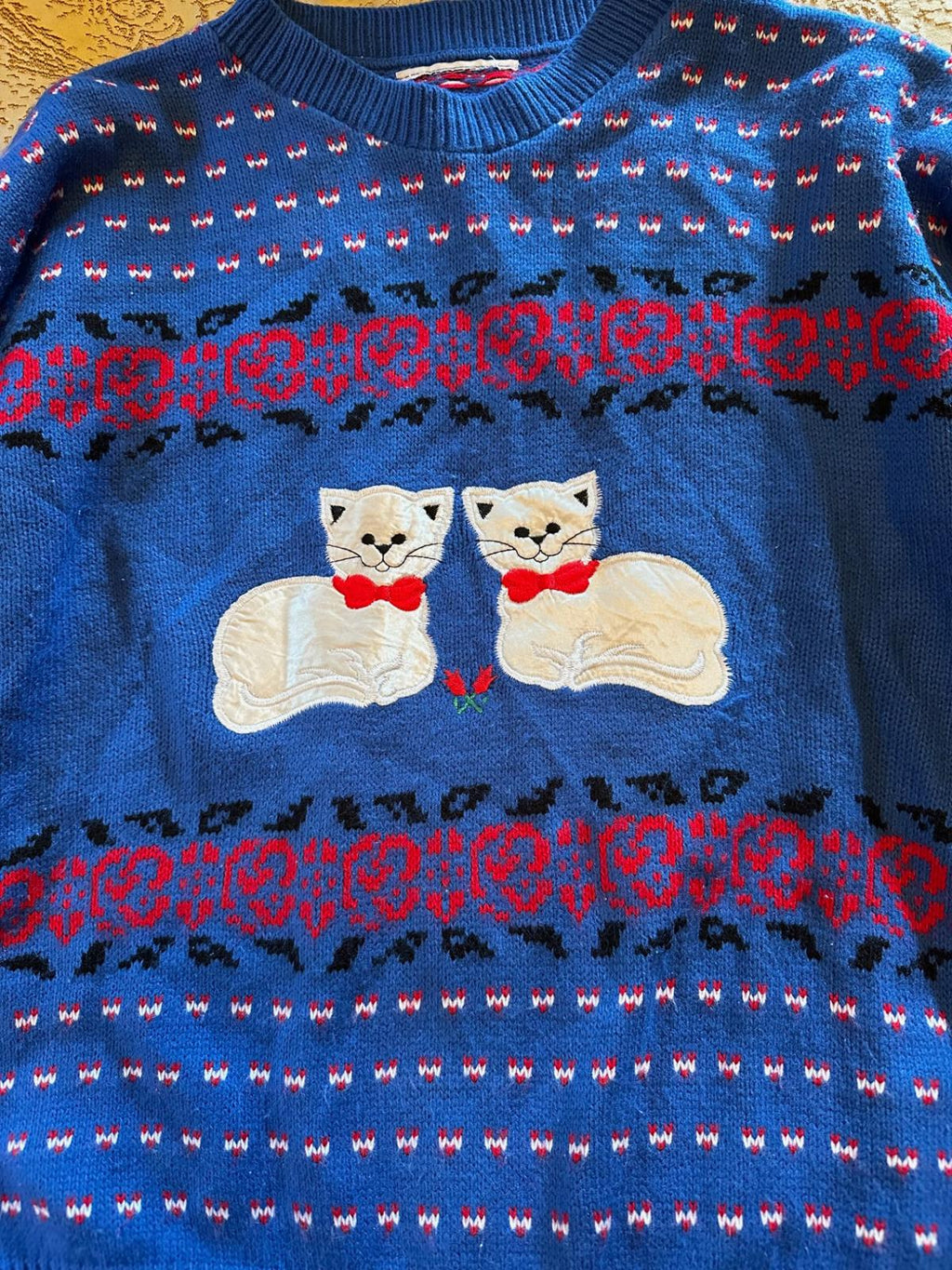 Vintage Cat Appliqué Novelty Knit Sweater Blue
