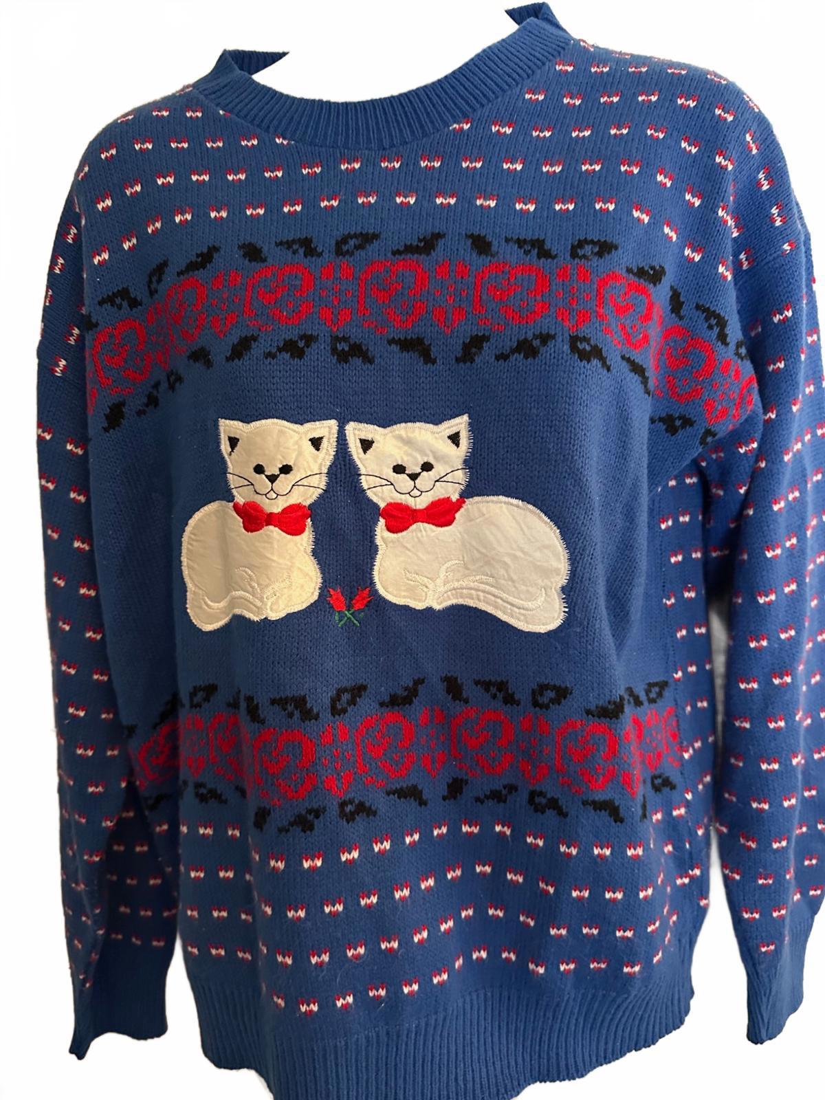 Vintage Cat Appliqué Novelty Knit Sweater Blue