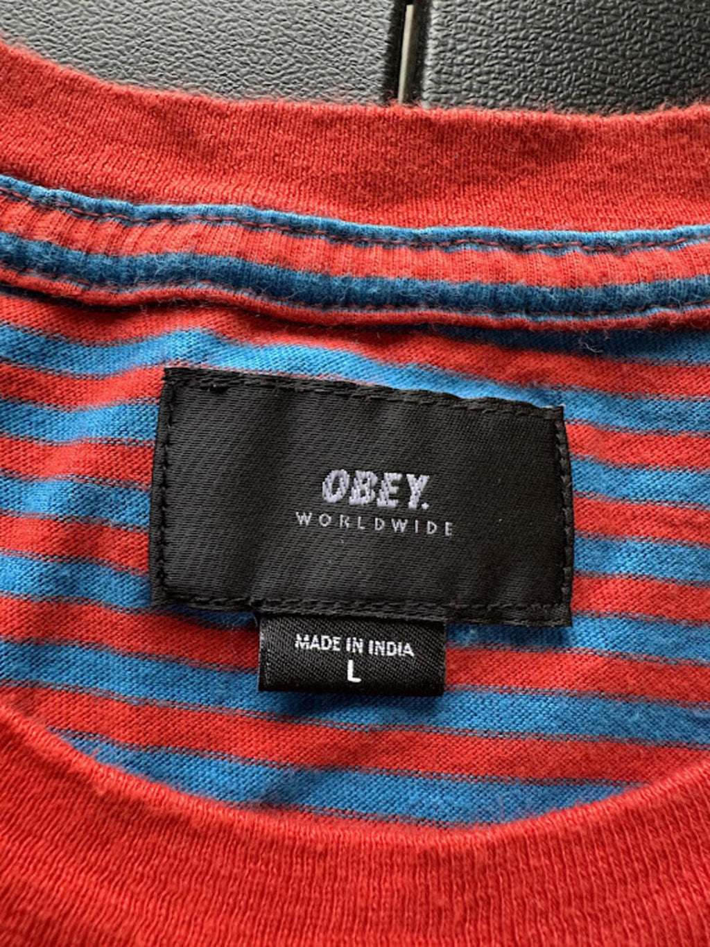 Obey Striped Tee Red Blue Logo L