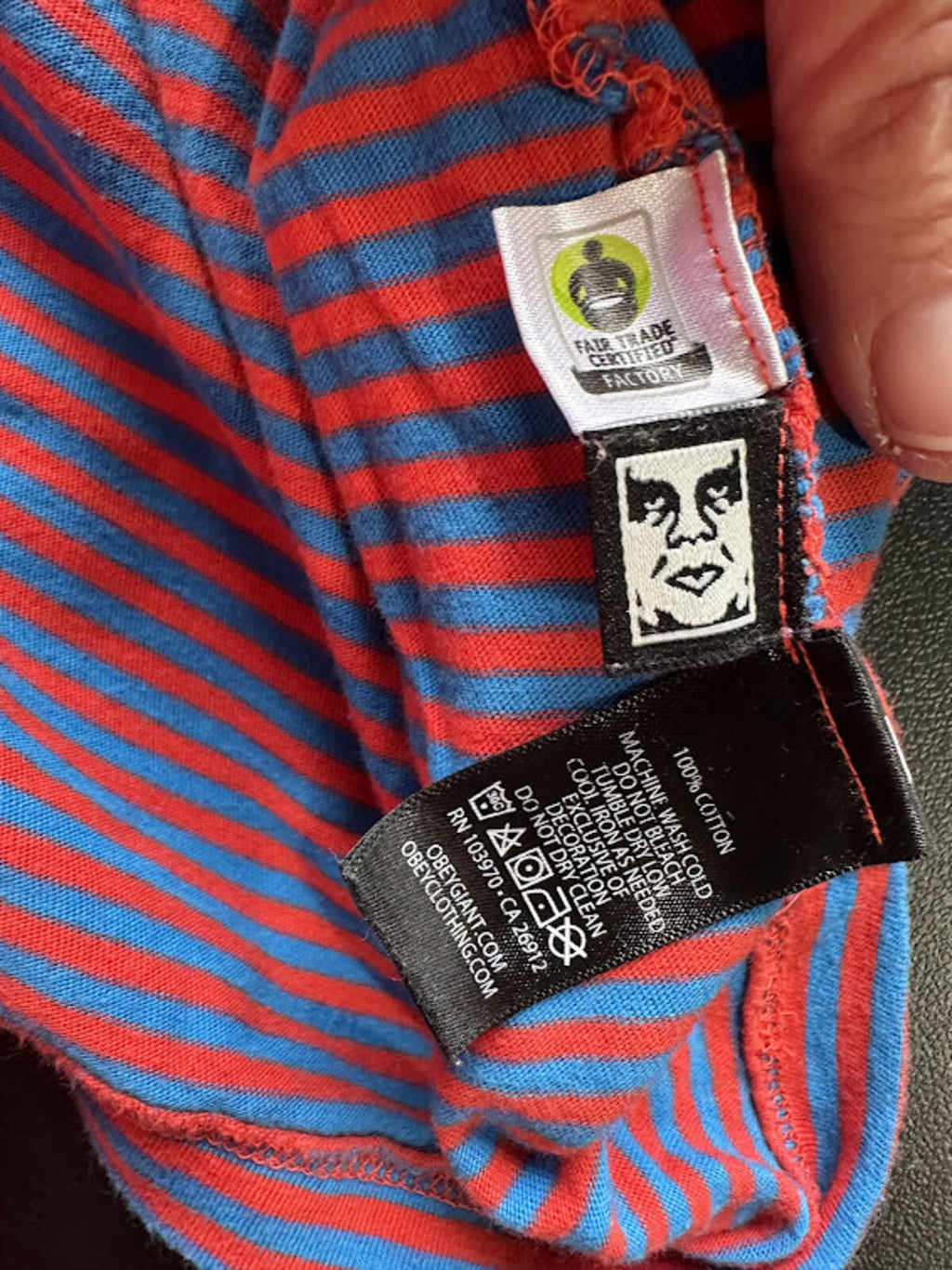Obey Striped Tee Red Blue Logo L