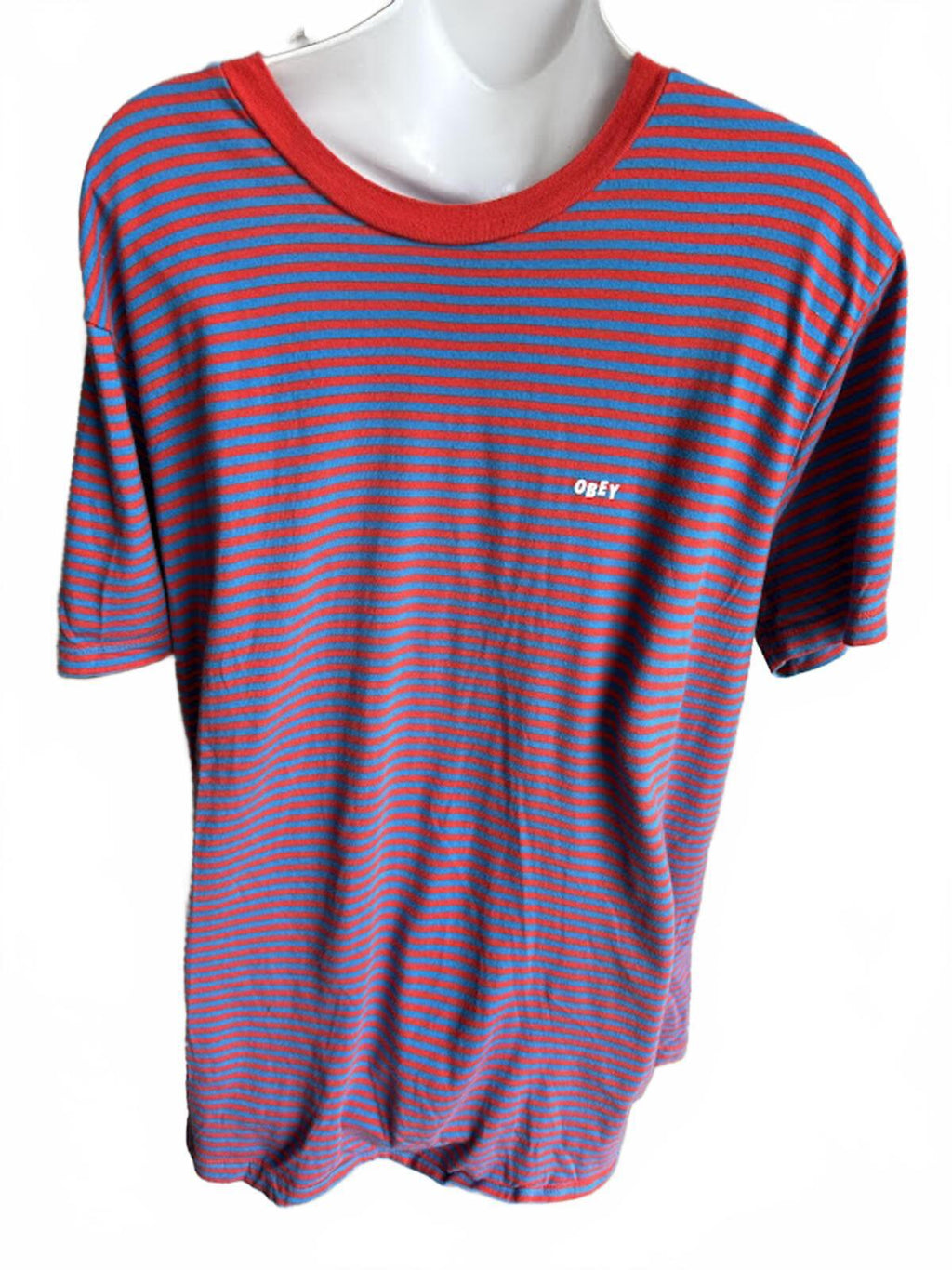 Obey Striped Tee Red Blue Logo L
