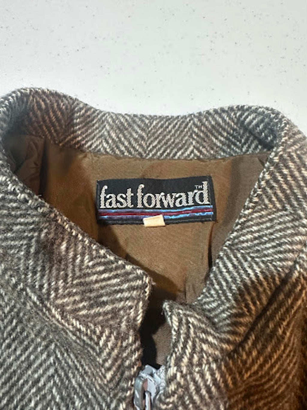 Fast Forward Herringbone Tweed Zip Jacket Wool Blend L