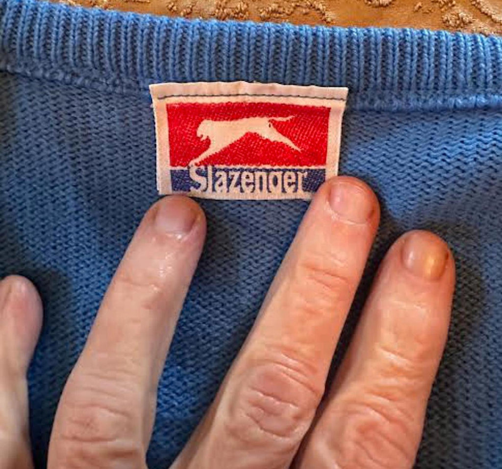 Vintage Slazenger V-Neck Sweater Sky Blue Logo Men L