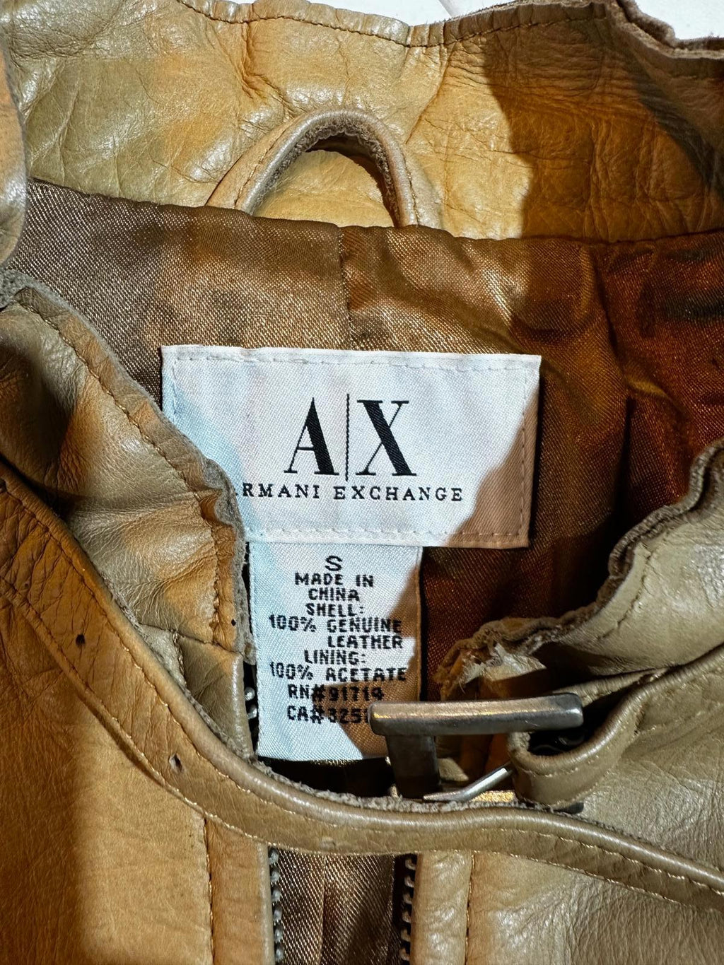 Armani Exchange Genuine Leather Jacket Tan S Zip Moto