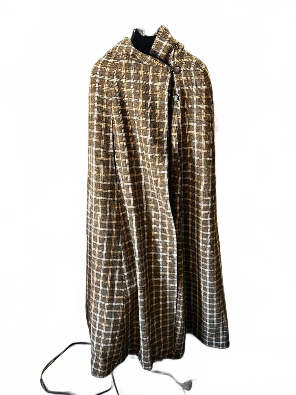 Vintage Brown Plaid Wool Full-Length Cape Coat Lined
