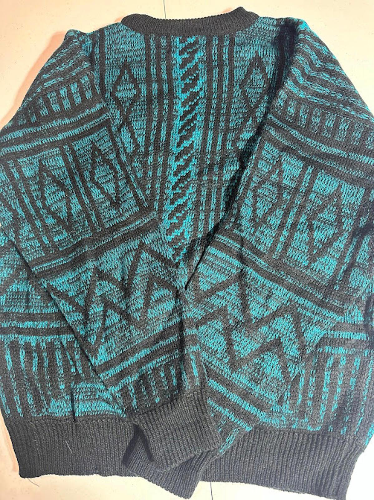 Vintage Atlantic Traders Geometric Knit Sweater Teal Black