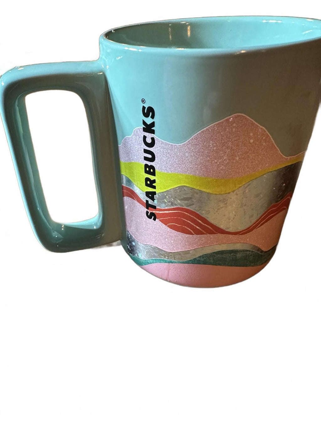 STARBUCKS Ceramic Coffee Mug 12 fl oz Teal Pink Red Green Wave Silver Foil