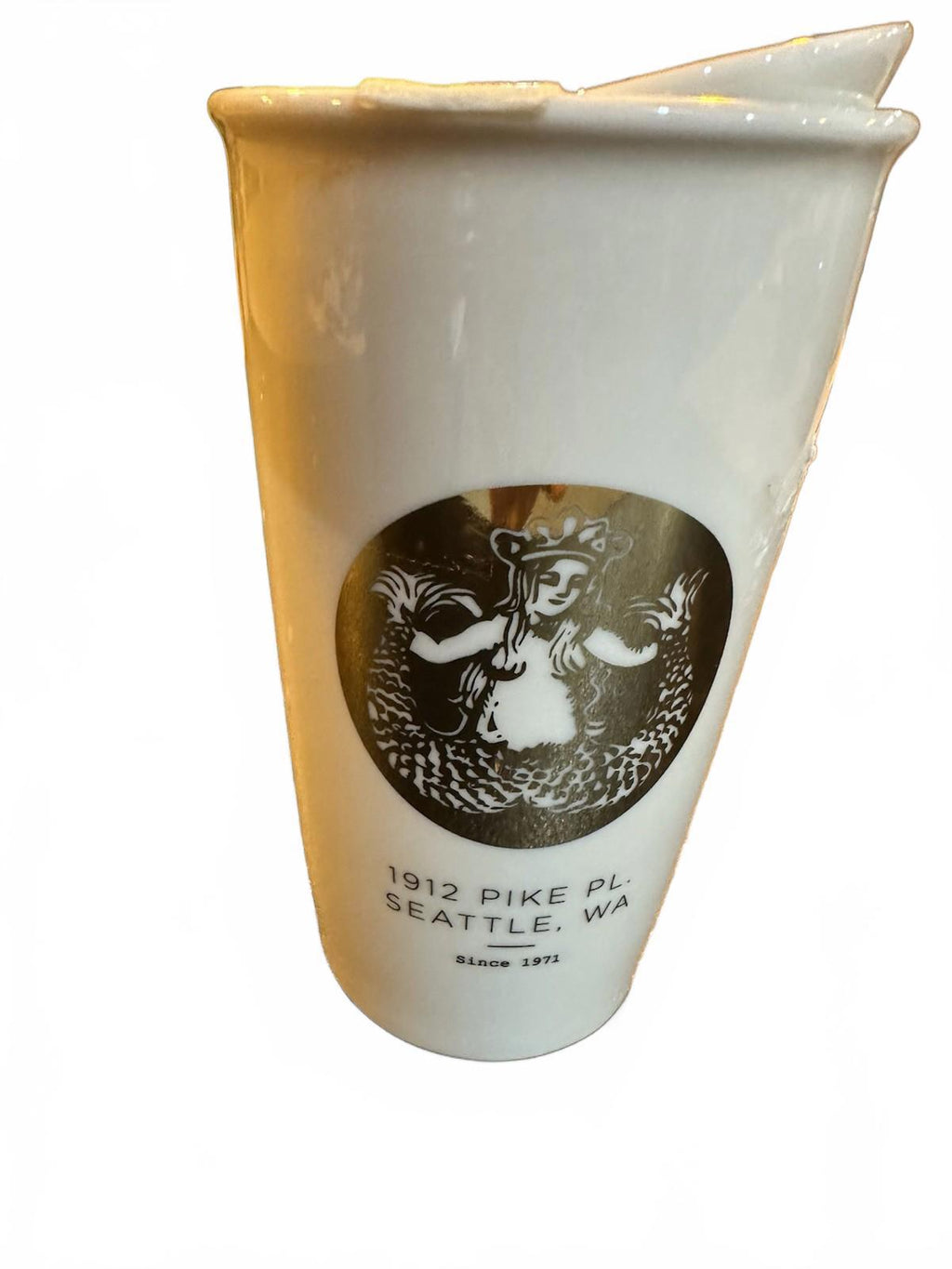 Starbucks 2015 Double Wall Travel Mug Ceramic Lid Gold Siren Pike Place Rare