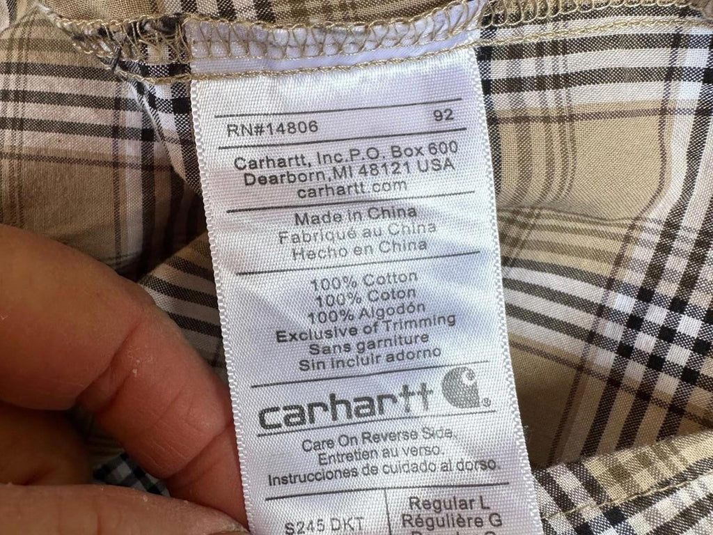 Carhartt Men’s Plaid Button Front Shirt Size L Regular Tan Brown Cotton Workwear