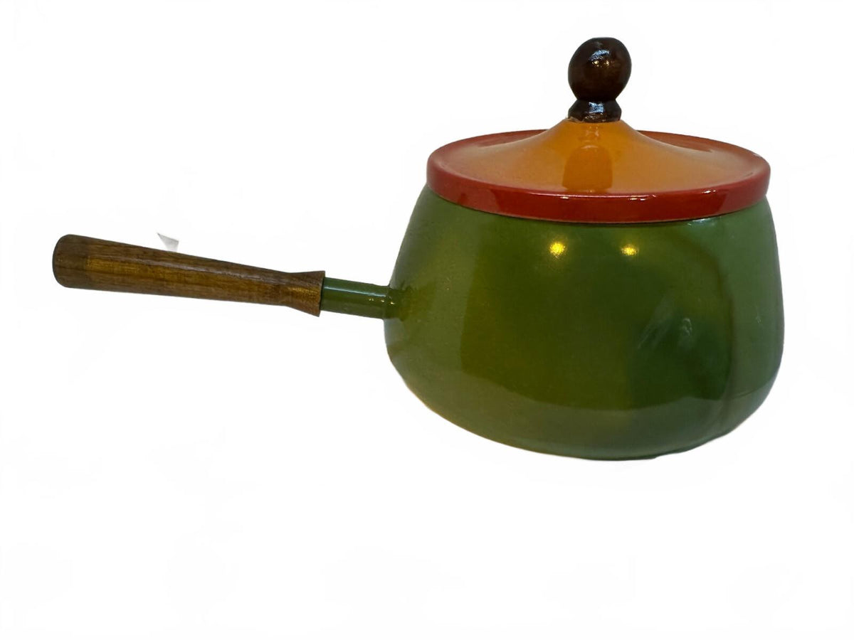 Vintage 1970s Avocado Green Fondue Pot Orange Lid