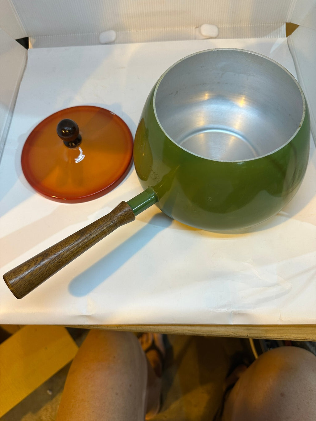 Vintage 1970s Avocado Green Fondue Pot Orange Lid